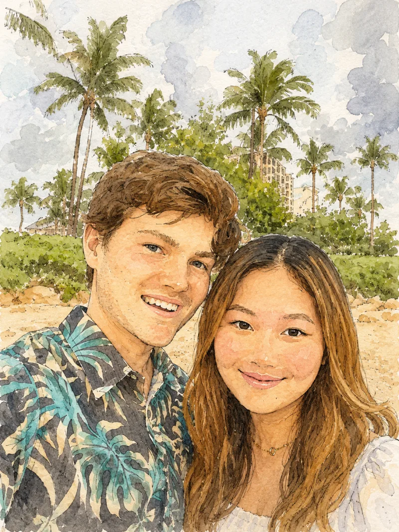 Watercolor painting of Jack and Erika on the beach in Hawaiʻi